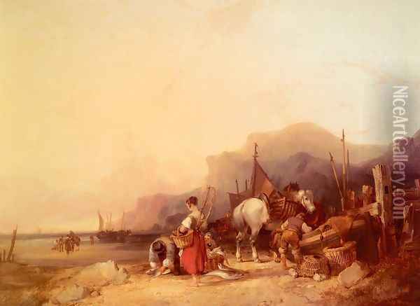 Unloading The Catch, Near Benchurch, Isle Of Wight Oil Painting - Snr William Shayer