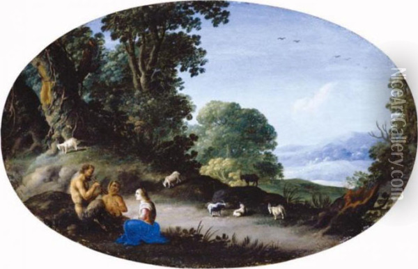 Satyrs And A Shepherdess In A Landscape Oil Painting - Moyses or Moses Matheusz. van Uyttenbroeck