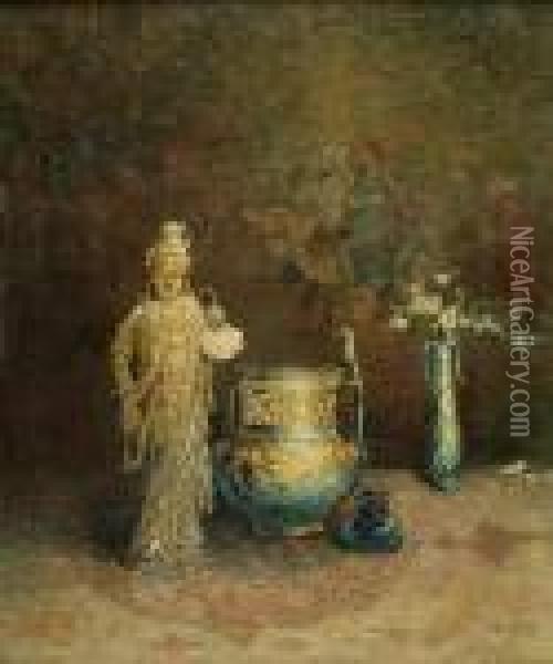 Eastern Treasures: A Still Life Of Asian Pottery Oil Painting - Paul King