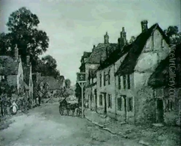 A Village Street Oil Painting - Sir Herbert Edwin Pelham Hughes-Stanton