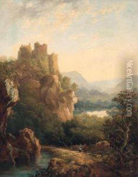 Figures Resting On A Path Before A Hilltop Castle Oil Painting - Margaret Nasmyth