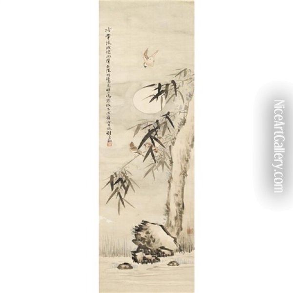 Birds, Moon And Bamboo Oil Painting -  Liu Luanxiang