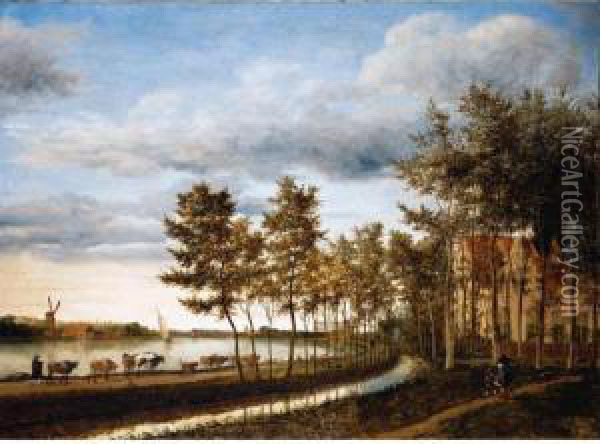 Drovers With Their Animals 
Walking On A Path Along The Spaarne, The City Of Haarlem In The Distance Oil Painting - Cornelis Hendricksz. The Younger Vroom