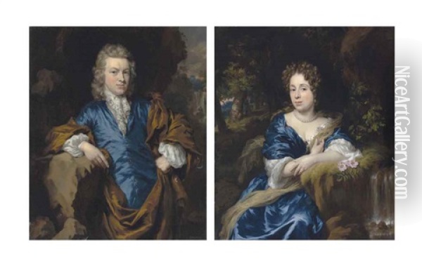 Portrait Of A Gentleman In Blue, Three-quarter-length; And Portrait Of A Lady In Blue, Three-quarter-length Oil Painting - Nicolaes Maes