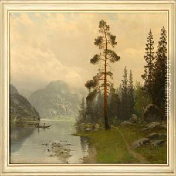 Two Fishermen In Thenorway Mountains Oil Painting - Olaf Nordlien