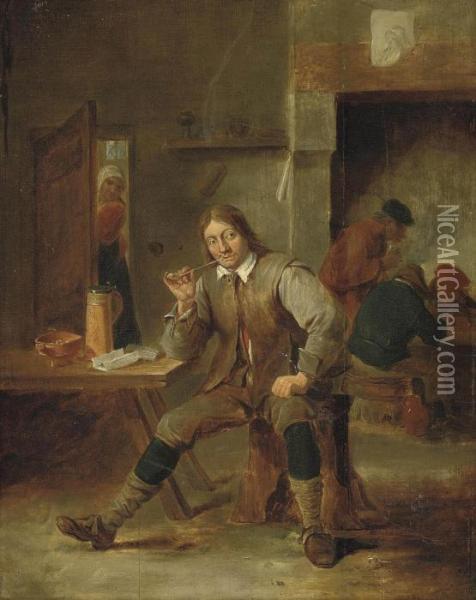 A Peasant At A Table Smoking A Pipe In A Tavern Oil Painting - David The Younger Teniers