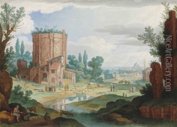 An Italianate Landscape With Classical Ruins, Reminiscent Of The Terme Di Traiano, Shepherds Watering Their Flocks, A View Of Rome In The Distance Oil Painting - Willem van Nieulandt the Younger