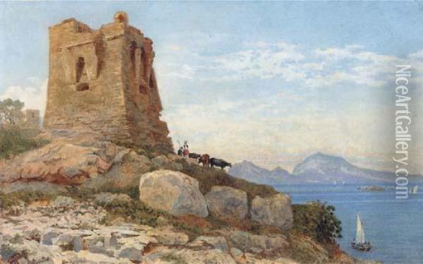 Cattle Grazing Before A Ruined Tower On The Coast At Sorrento Oil Painting - Arthur Glennie