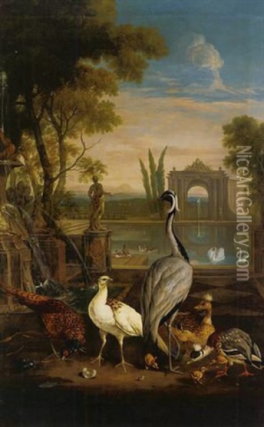 A Demoiselle Crane, A Pheasant, A Duck And Other Birds In An Italianate Garden With A Lake Oil Painting - Pieter Casteels III