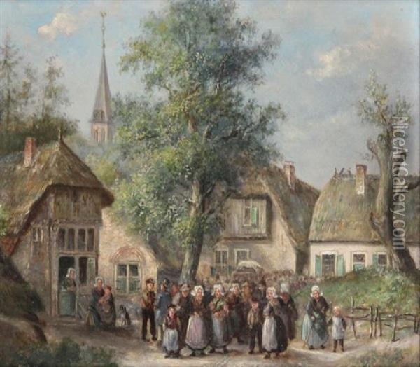 Foule Devant Un Village Oil Painting - Hendrick Joseph Dillens