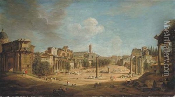 The Roman Forum From The Base Of The Capitoline Hill Oil Painting - Giovanni Paolo Panini