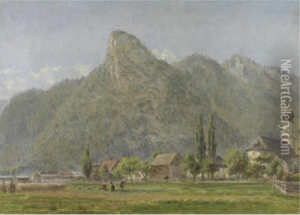 The Koeffel &amp; Church At Oberammergau, Bavarian Alps: A Sketch From Nature Oil Painting - Edward Lamson Henry