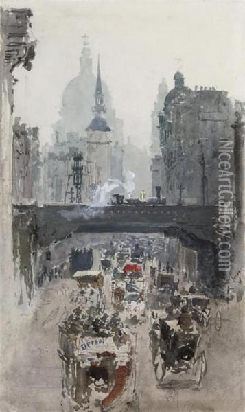 A Steam Engine Passing Over Ludgate Hill, St Paul's Beyond Oil Painting - Albert Ludovici