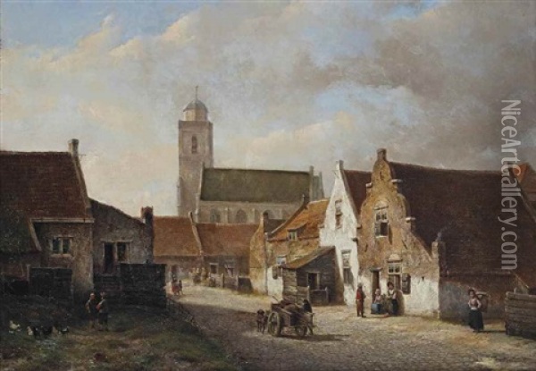 A View Of The Kerksteeg With The Oude Kerk, Katwijk Oil Painting - Kasparus Karsen