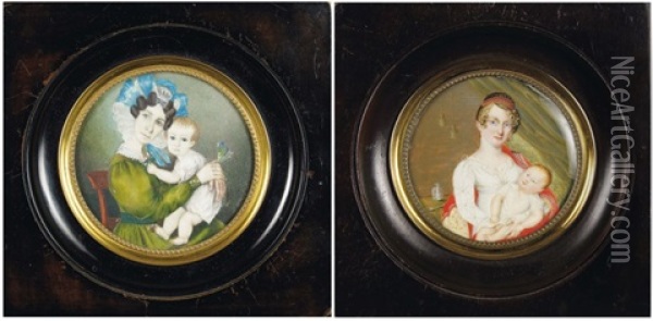 Portrait D'une Mere En Robe De Soie Verte Et Importante Coiffure Enrubannee Tenant Son Enfant Oil Painting - Joseph Francois Leroy