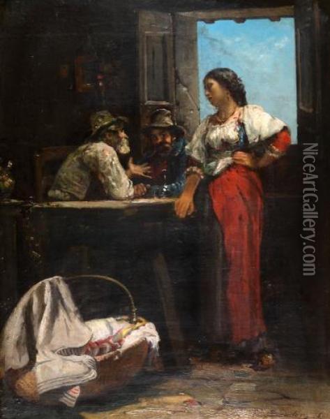 Woman And Two Men At The Tavern Oil Painting - Edouard J. Emile Brandon
