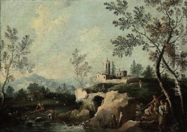 A Wooded River Landscape With Peasants, A Village Beyind Oil Painting - Giuseppe Zais