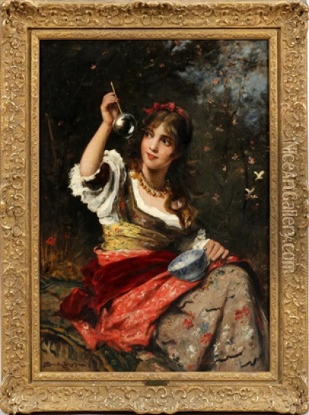 Girl Blowing Bubbles Oil Painting - Lajos Bruck