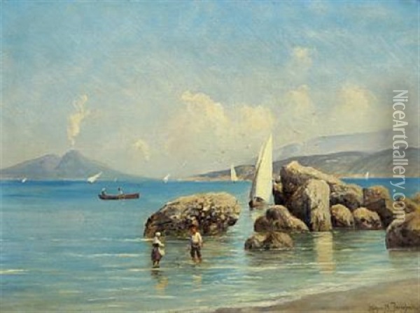 Italian Coastal Scenery With Fishing Children And Vesuv In The Background Oil Painting - Holger Hvitfeldt Jerichau