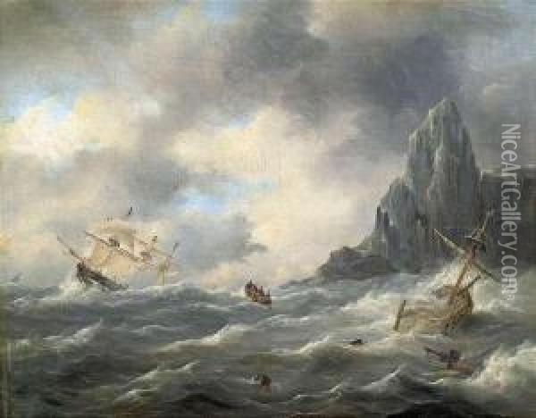 Sailing-ships In Rough Sea At A Rocky Coast. Oil Painting - Nicolaas Riegen