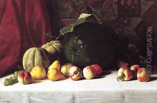 Still Life with Melons, Pears and Apples Oil Painting - George Hetzel