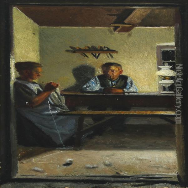 Interior With Knitting Woman And Smoking Man Oil Painting - Georg Nicolaj Achen