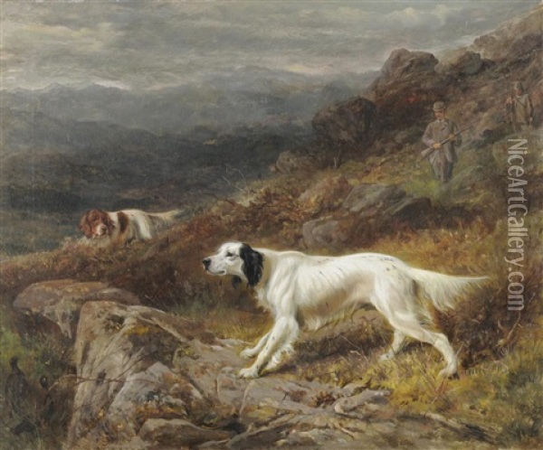 Gundogs And Sportsmen Shooting Upon A Moor, Mountains In The Distance Oil Painting - George Earl