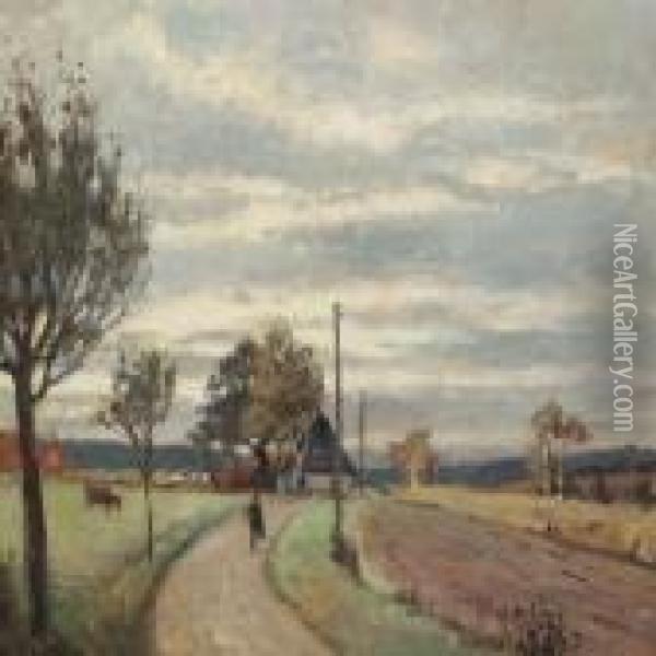 Landscape With Person On A Gravel Road At Skibstrup Oil Painting - Olaf Viggo Peter Langer