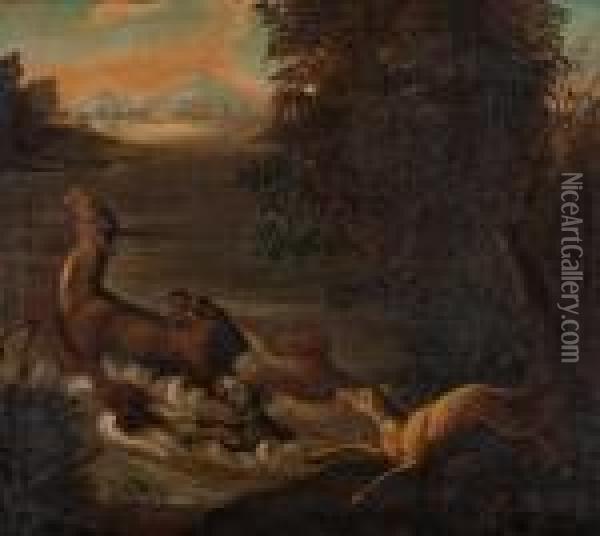 Hundemeute, Ein Reh Im Wasser Stellend Oil Painting - Johann Elias Ridinger or Riedinger
