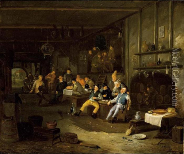 An Interior Of An Inn With 
Peasants Smoking, Drinking And Eating Around Tables Together With A 
Violin Player And A Dancing Peasant Oil Painting - Egbert Ii Van Heemskerck