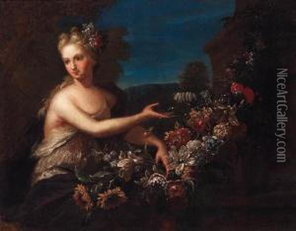 Portrait Of A Lady As Flora, Half-length, By A Garland Offlowers Oil Painting - Gaspar-pieter The Younger Verbruggen