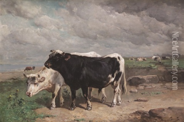 Taureaux Et Vaches Devant La Cote Oil Painting - Henry Schouten
