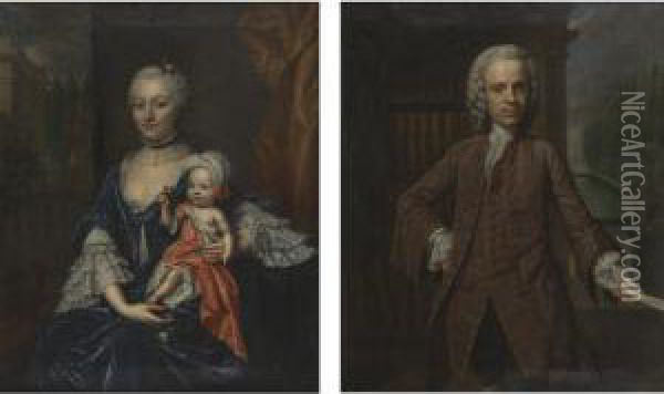 Portrait Of A Man And Portrait Of A Woman Holding A Child: A Pair Oil Painting - Mattheus Verheyden