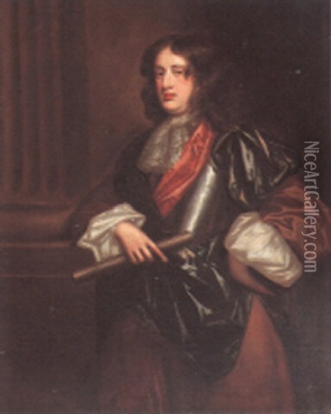Portrait Of A Gentleman, Beside A Column, Wearing Armor Oil Painting - John Hayls