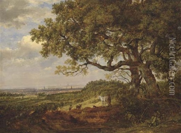 View Of Tonbridge From A Point Between Tonbridge And Tunbridge Wells, With Figures And A Horse In The Foreground Oil Painting - Patrick Nasmyth