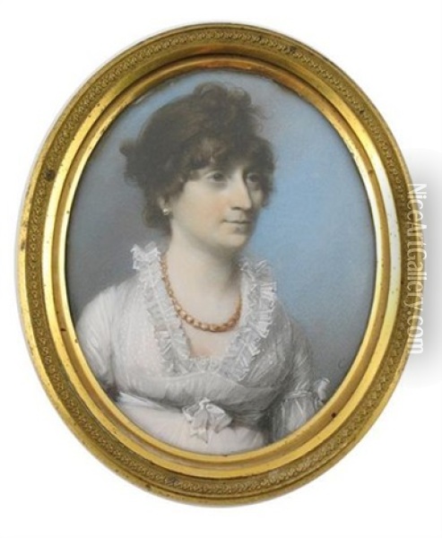 Portrait Of Mrs. Jane Long Half Length, In A White Dress With A Lace Collar And A Gold Necklace Oil Painting - George Engleheart