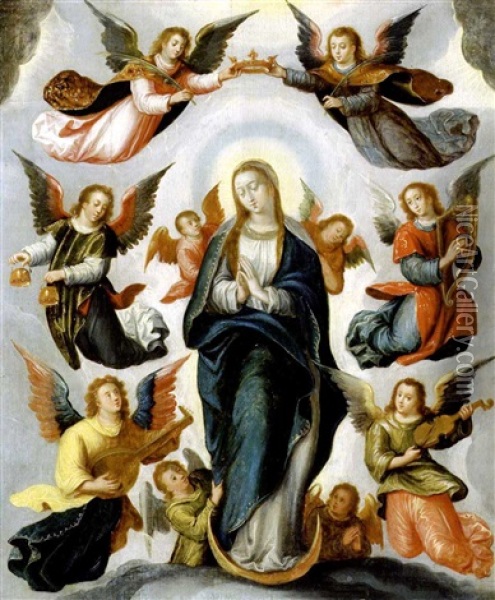 Maria Auf Der Mondsichel Stehend Mit Musizierenden Engeln Oil Painting - Hendrick De Clerck