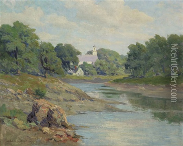 New England Church Along The River Oil Painting - Melbourne H. Hardwick