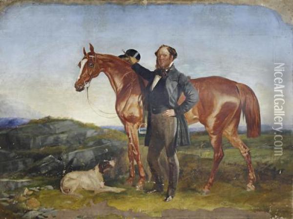 Portrait Of A Gentleman With His Horse And Dog Before An Open Landscape Oil Painting - R.T. Bott