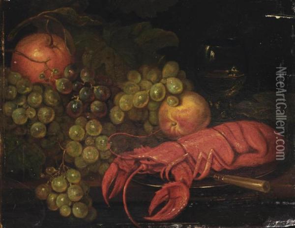 A Lobster On A Pewter Dish, A 
Knife, An Apple, A Peach, Grapes And A Roemer, All On A Table Oil Painting - Jan Fris
