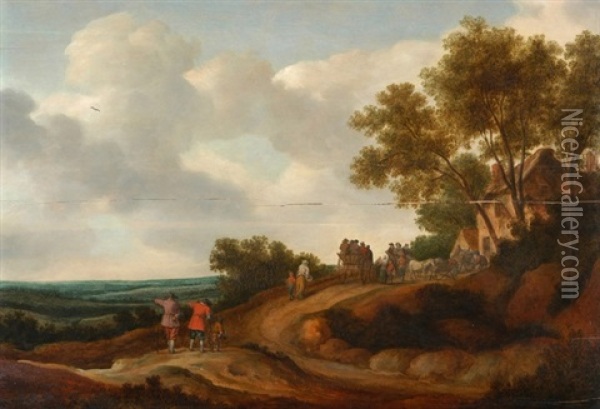 Anhohe In Weiter Landschaft Mit Haus, Pferdefuhrwerken Und Figurengruppe Oil Painting - Pieter De Molijn