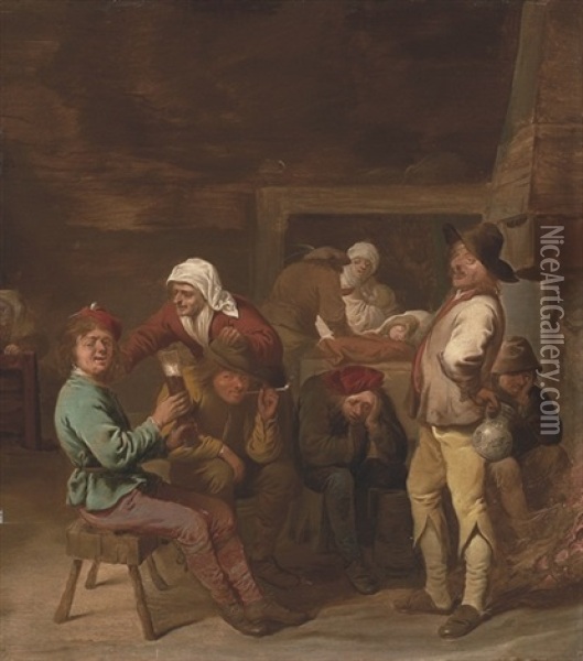 A Tavern Interior With Peasants Drinking And Smoking Beside A Fire Oil Painting - Pieter Jansz Quast