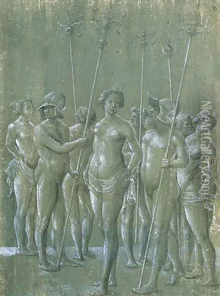 Five nude soldiers holding poles, two wearing a helmet, and three nude women Oil Painting - Netherlandish School