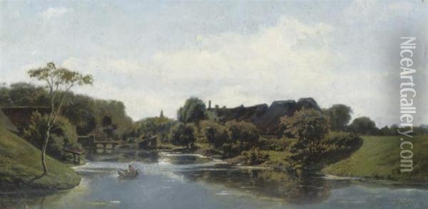 Rowing Along A Village In Summer Oil Painting - Paul Joseph Constantine Gabriel