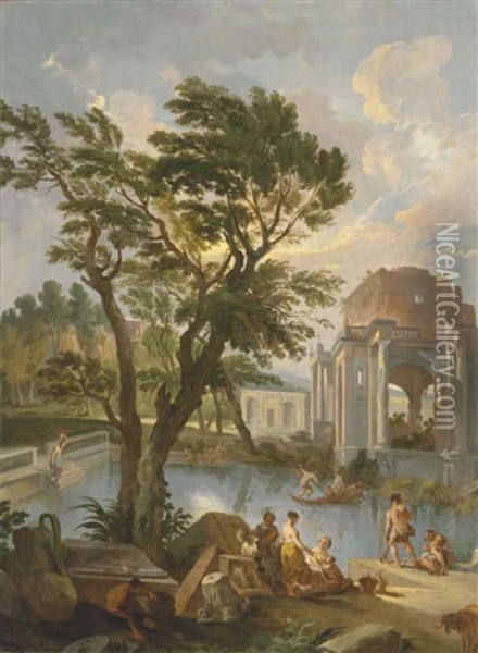 A Landscape With Figures Resting Among Classical Ruins By A Lake Oil Painting - Andrea Locatelli
