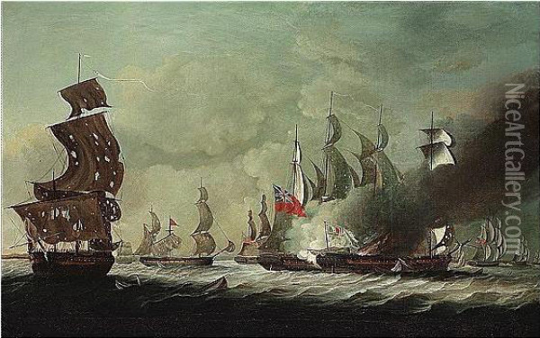 An Engagement Between An English And A French Squadron Oil Painting - John Askew