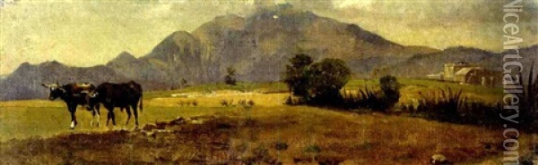 A Mountainous Mexican Landscape With Cattle Oil Painting - Conrad Wise Chapman