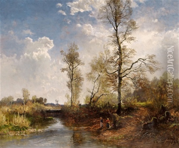 Figures In A River Landscape Oil Painting - Josef Wenglein