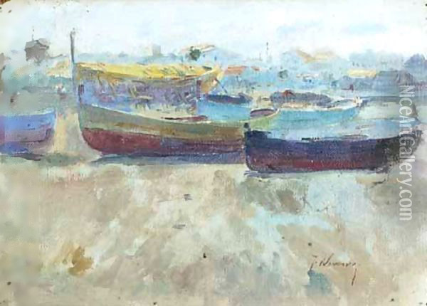 Barcas En La Playa (Boats On The Beach) Oil Painting - Jose Navarro Llorens