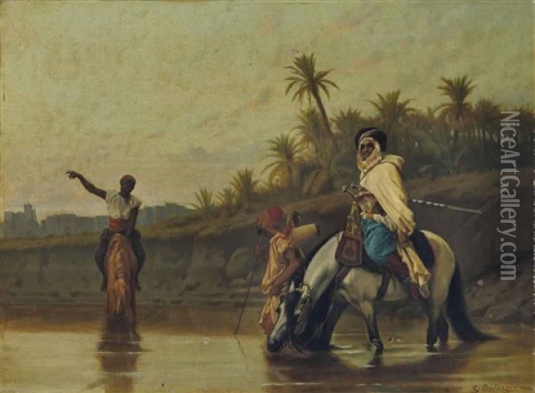 Arabs Watering Their Horses Oil Painting - Gustave Clarence Rodolphe Boulanger